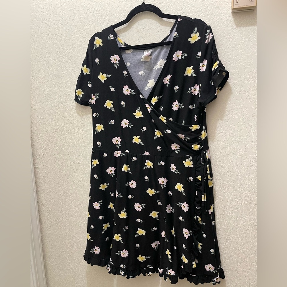 No Boundaries Black Floral Wrap Dress with Yellow & Pink Flowers